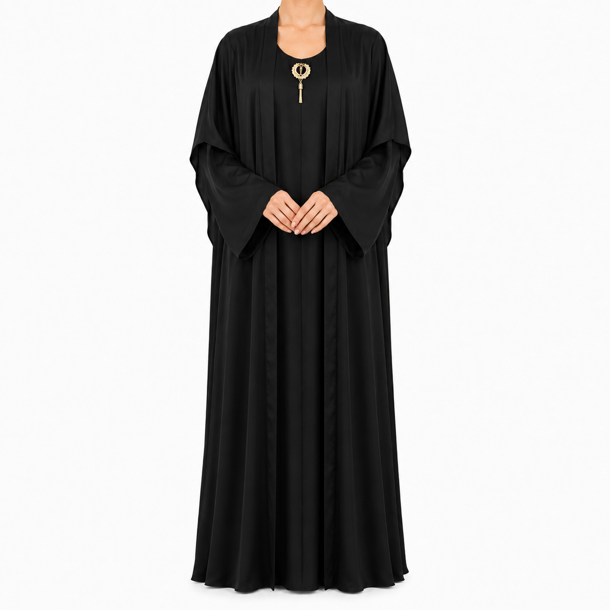Elegant Layered Open Abaya with Gold Brooch