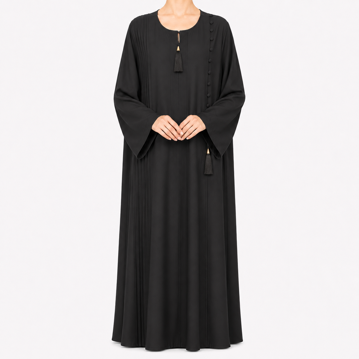 Pleated Tassel Abaya with Side Button Detail
