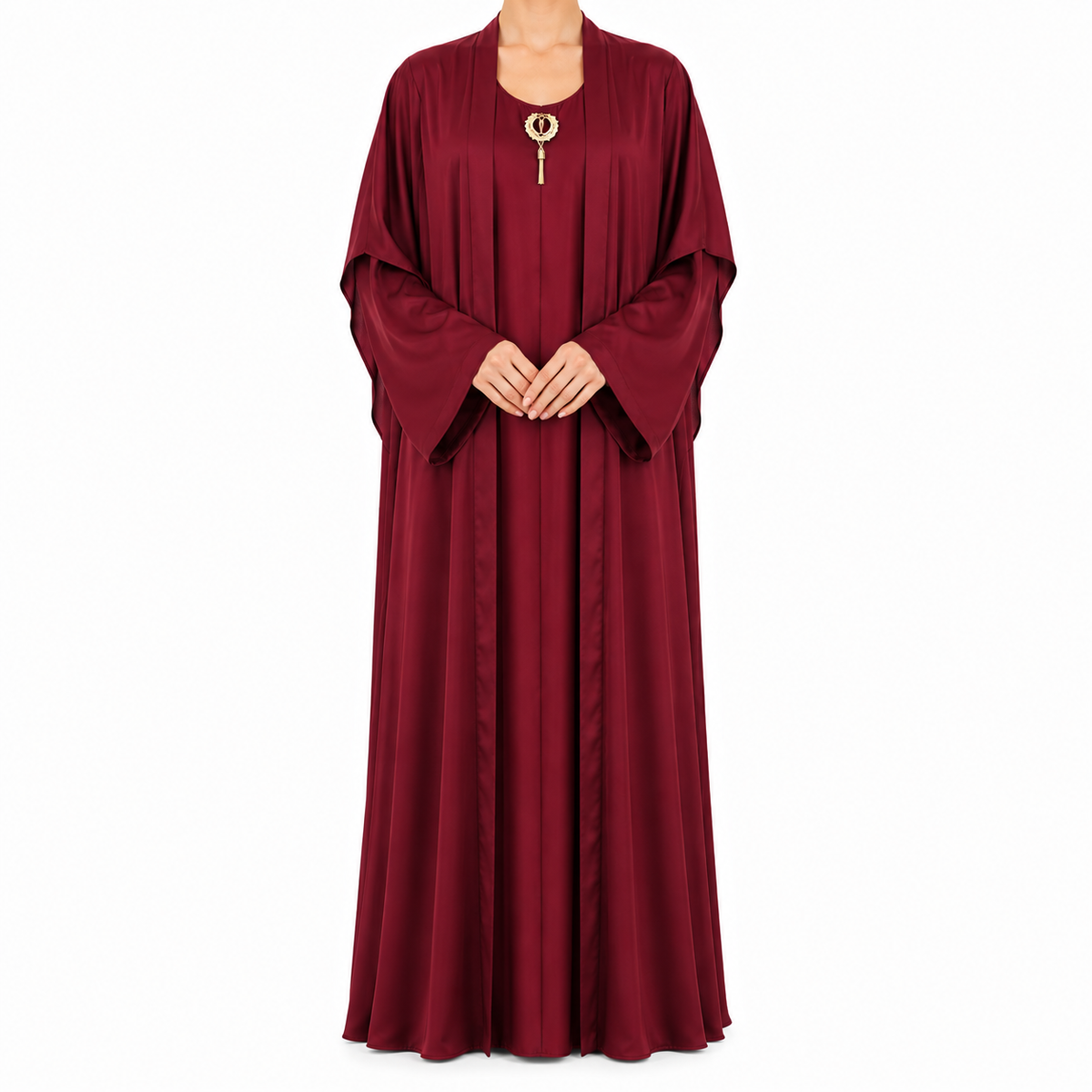 Elegant Layered Open Abaya with Gold Brooch