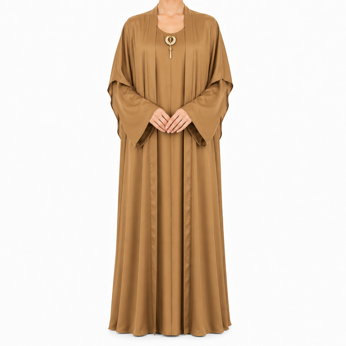 Elegant Layered Open Abaya with Gold Brooch