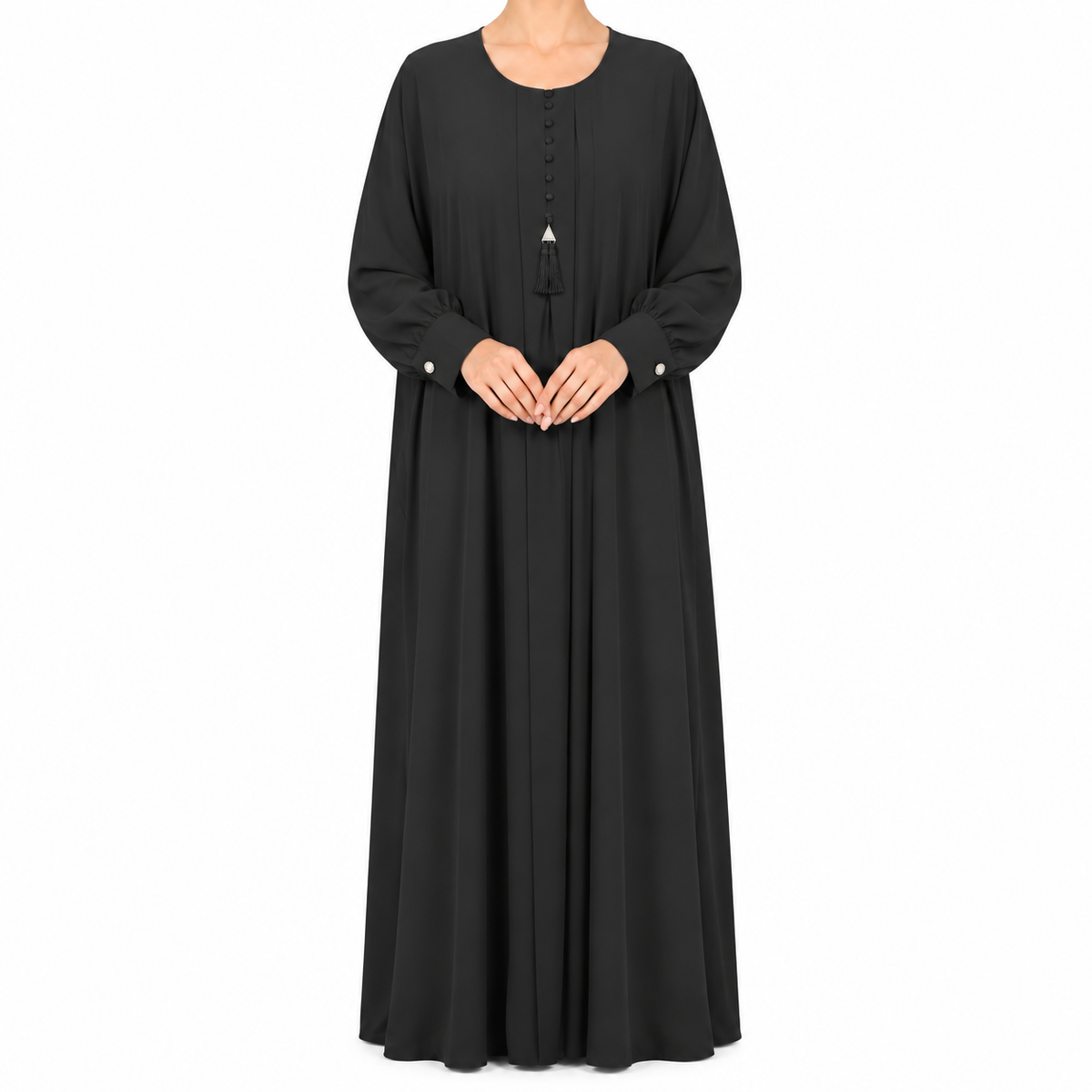 Classic Pleated Abaya with Button & Tassel Detail
