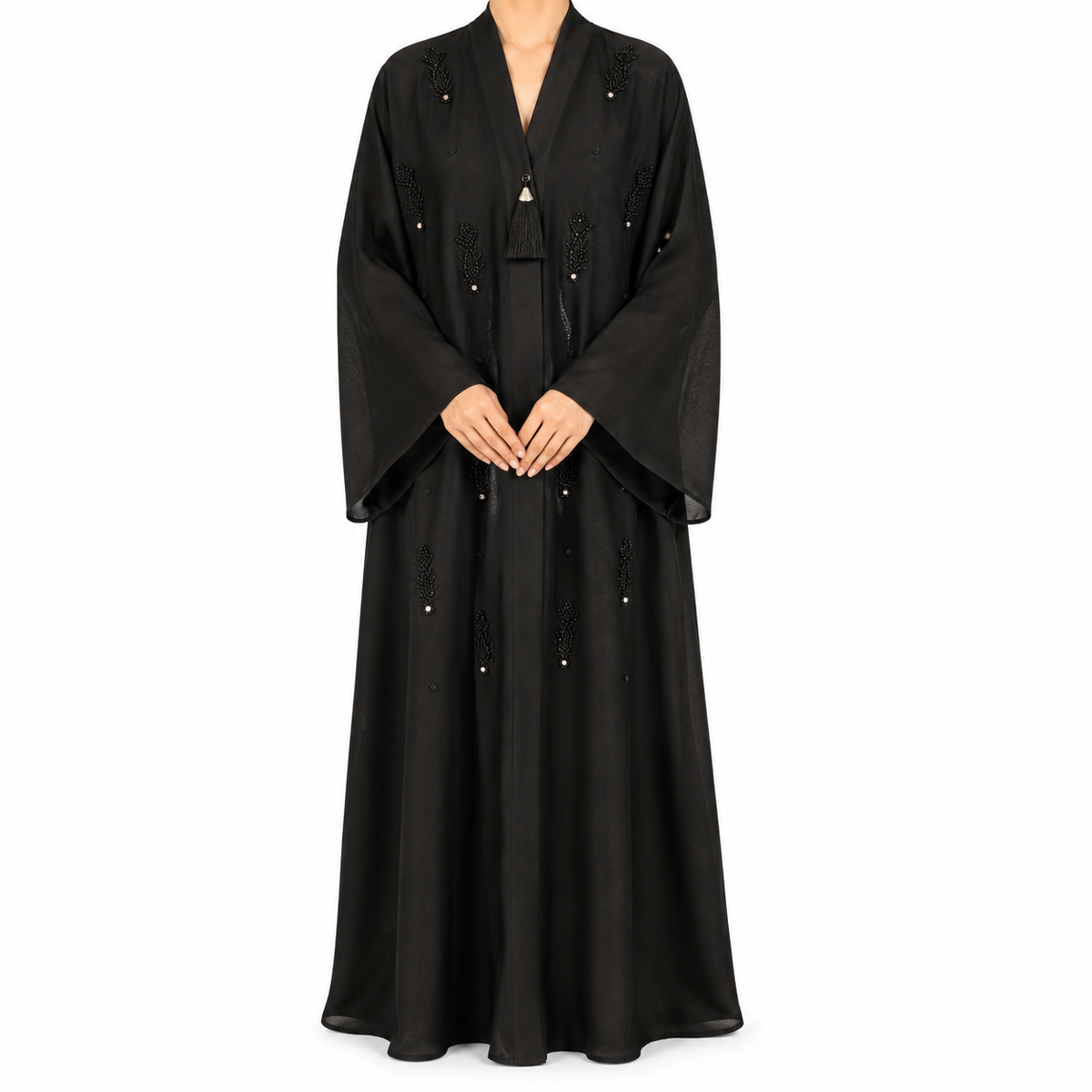 Black Floral Embroidered Open Abaya