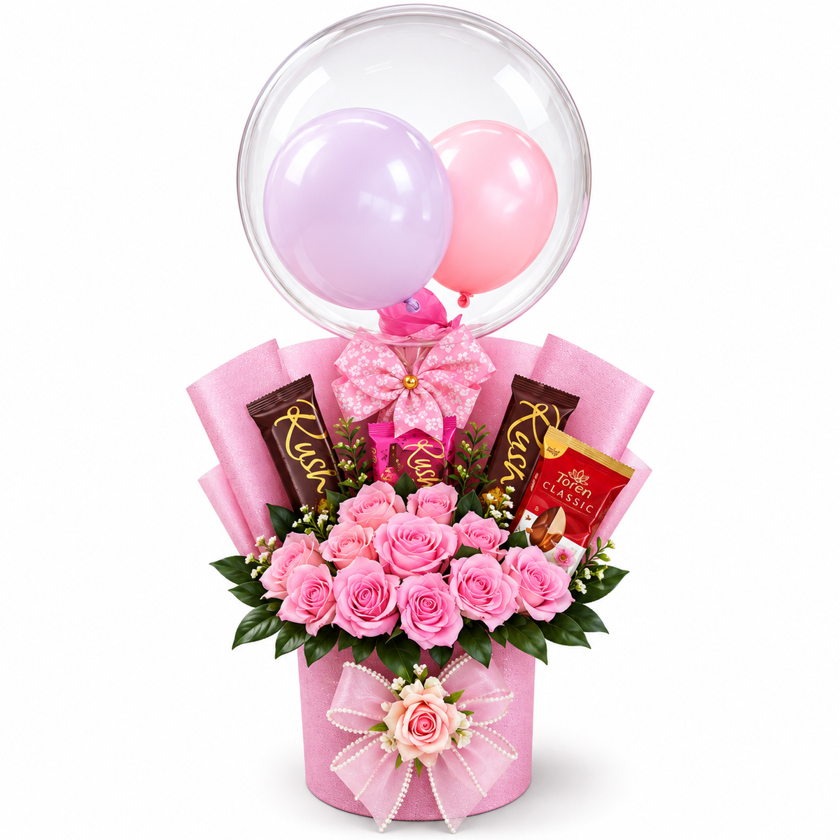 PREMIUM PINK ROSE & CHOCOLATE BALLOON GIFT BASKET – AL-TAMMAR