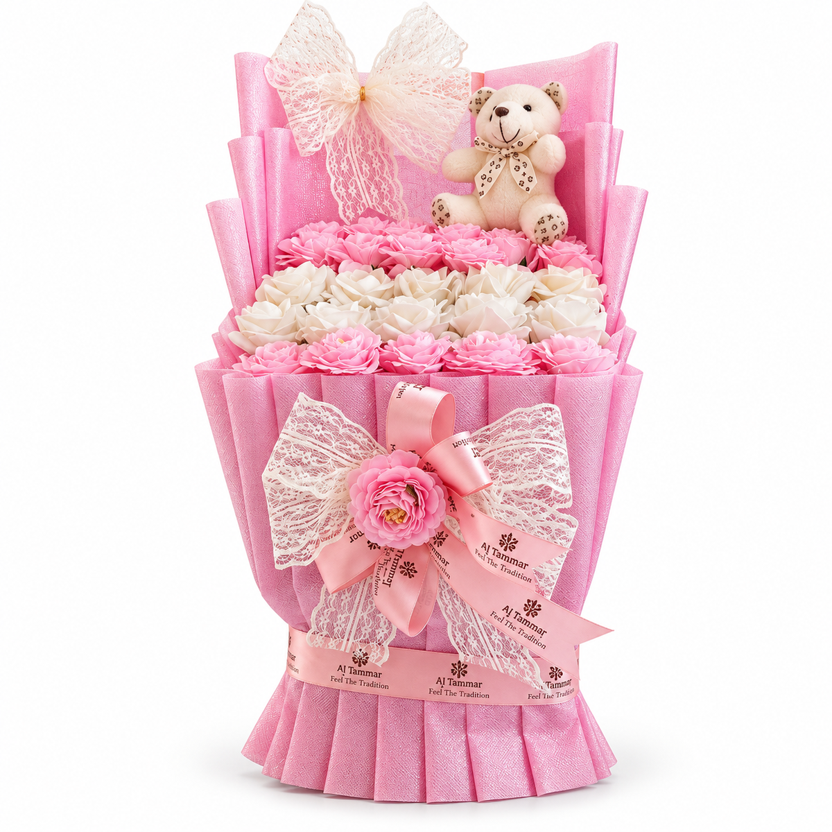 PREMIUM PINK FLOWER & TEDDY GIFT BOUQUET – AL-TAMMAR