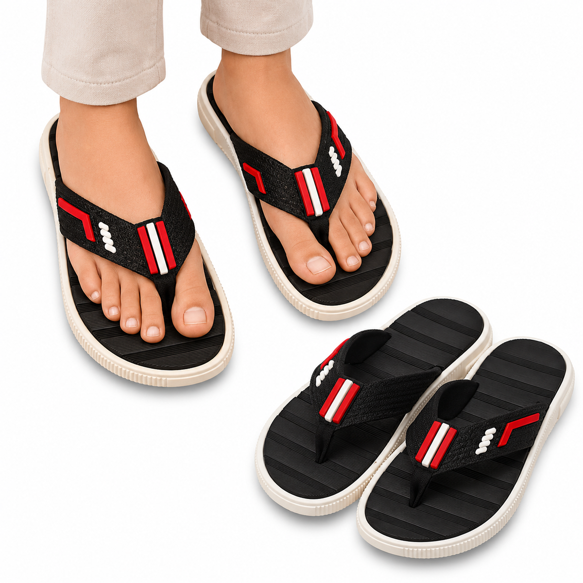 Men’s Black Casual Flip Flops with Contrast Strap