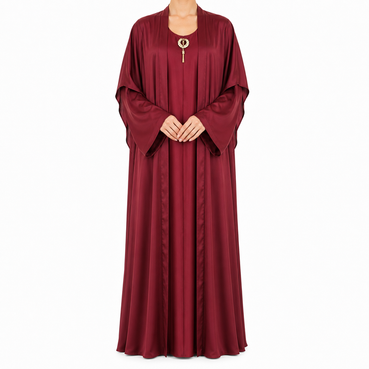 Elegant Layered Open Abaya with Gold Brooch
