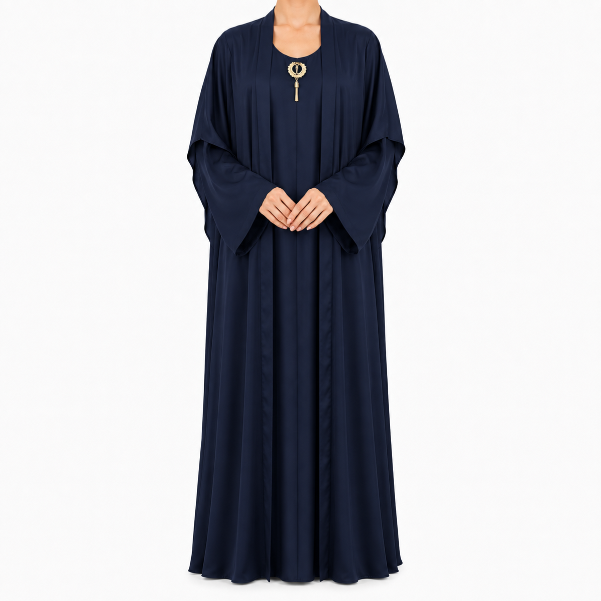 Elegant Layered Open Abaya with Gold Brooch