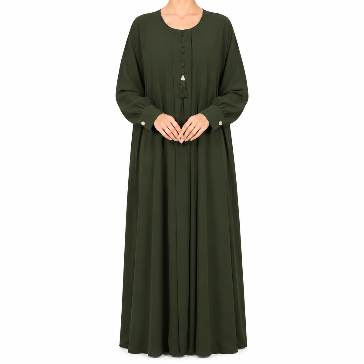 Classic Pleated Abaya with Button & Tassel Detail