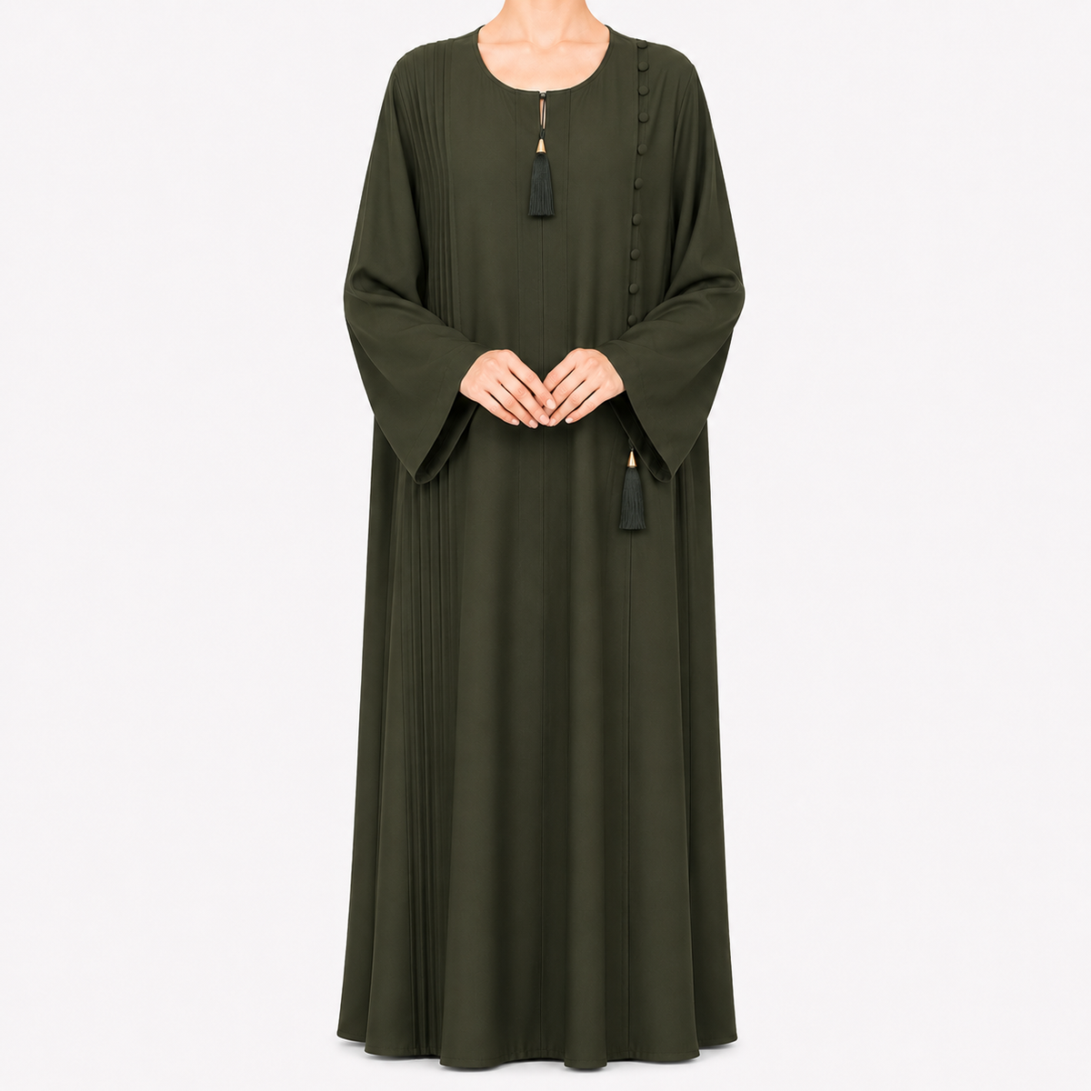 Pleated Tassel Abaya with Side Button Detail