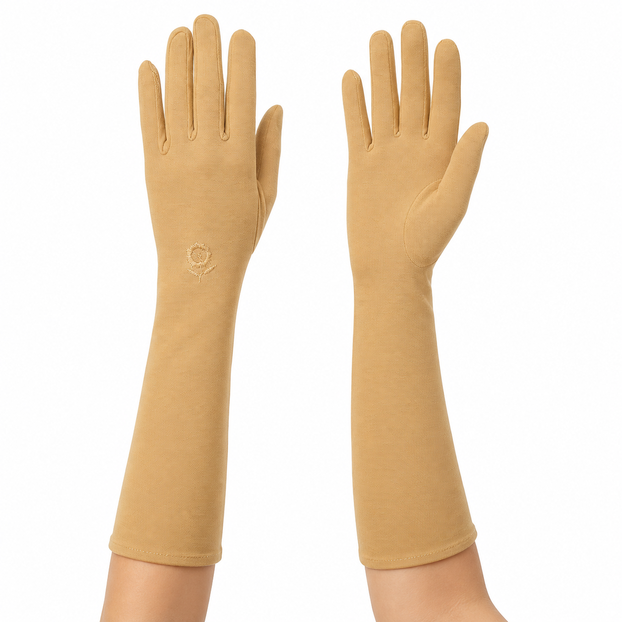 Ladies Long Beige Full-Arm Gloves